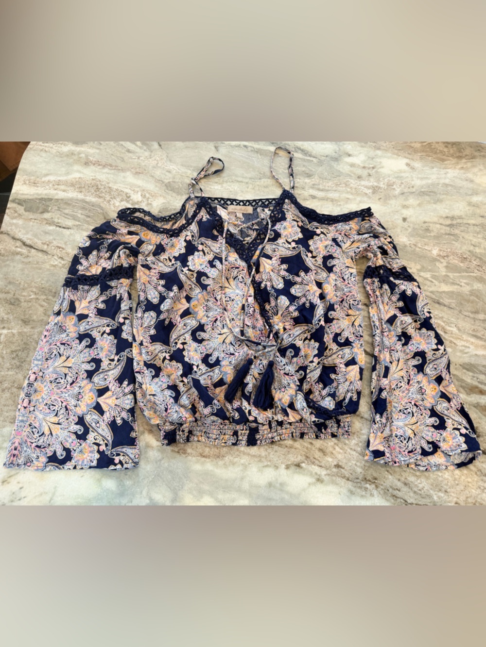 Wonderly Boho Paisley Blouse Navy Tassel Tie Peasant Top Womens Medium